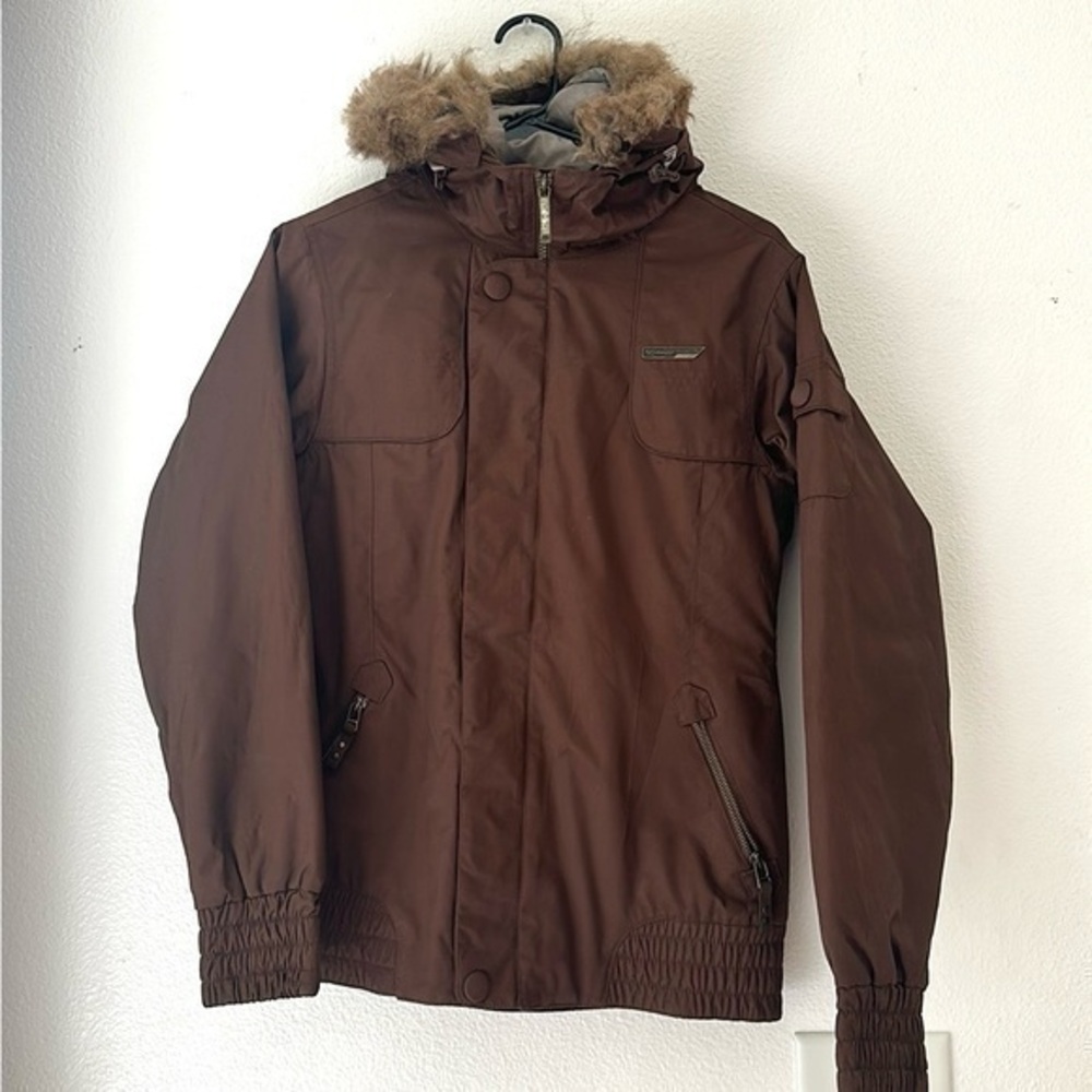 SIMS Snowboarding Jacket Brown Full Zip Faux Fur Trim Hood Size S Women’s